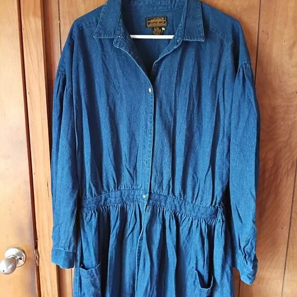 Eddie Bauer Denim Maxi Dress XL 100% Cotton Button Front Long Sleeve Blue Shirt - Picture 2 of 6